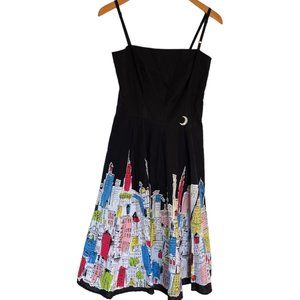 Vtg Y2K Kelly and Diane A Line Fit & Flare Dress 4 Black New York City Skyline